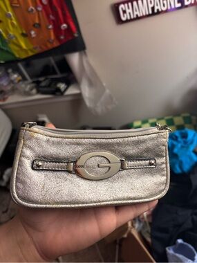 GUESS Metallic Silver Mini Wristlet Clutch